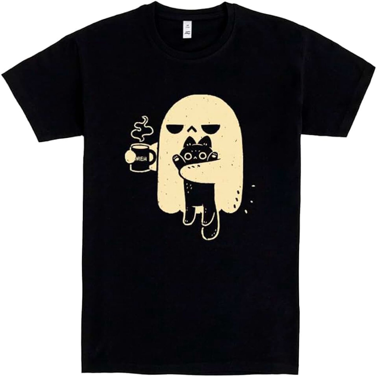 T-shirt met Korte Mouwen, 100% Katoen, Unisex Kleding voor Mannen en Vrouwen, Gezeefdrukt met Ronde Hals en Rechte Snit, Kleur Zwart (Cute Ghost Holding Cat)