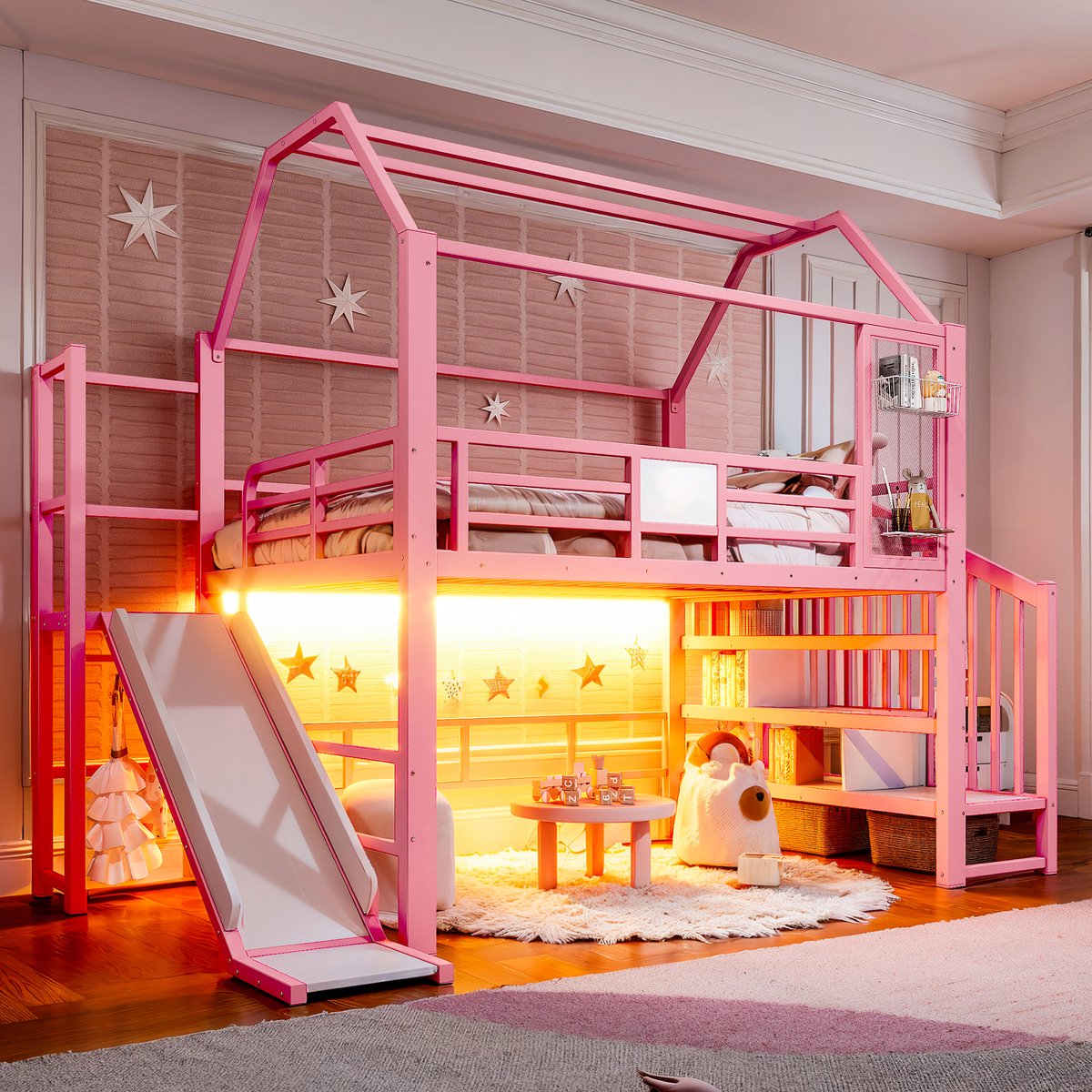 Kinderbed, Roze metaal hoogslaper huisvorm voor kinderen met glijbaan, trap, opbergruimte & Bluetooth-gestuurde LED-verlichting, getest volgens EN 747, matrasmaat 140 x 200 cm