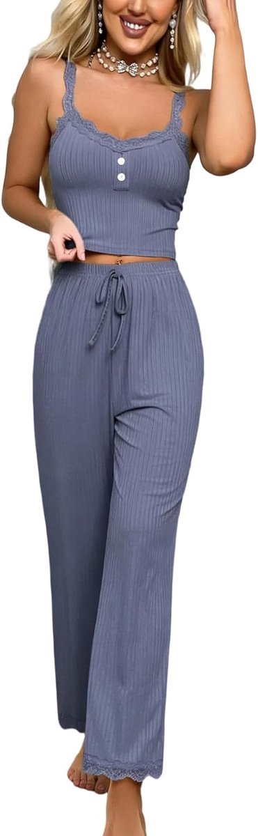 2-delige pyjamaset voor dames, kanten pyjama, buikvrij, cami-top, lange broek, V-hals, nachtkleding, elegant, mouwloos, prikkelend, zacht, loungewear, comfortabel, negligé, elastisch