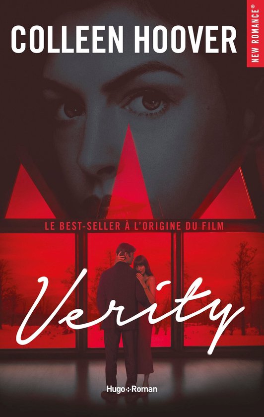Boekomslag van 'Verity' door Colleen Hoover, met een vrouw en een koppel voor een rood verlicht raam.