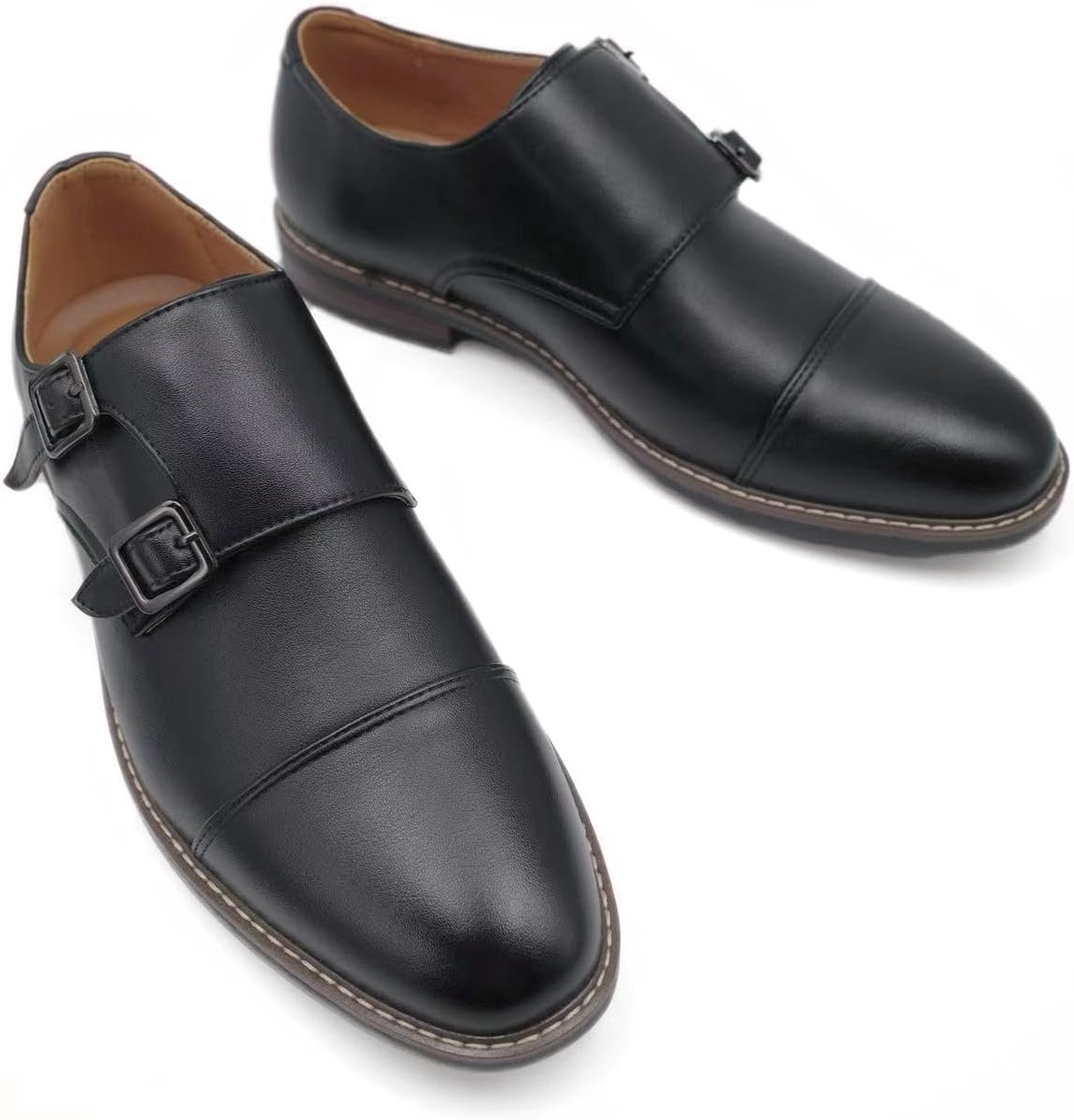 & Sewing Monk Strap schoenen voor heren, leer, dubbele gesp, pet toe, bruin en zwart