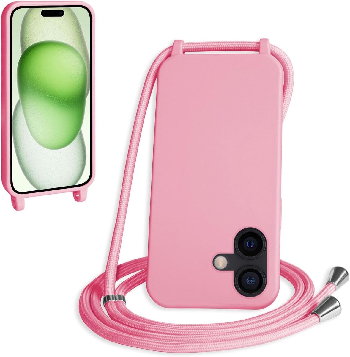 Telefoonhoesje met koord, compatibel met iPhone 17, telefoonhoes met koord om om te hangen, siliconen koord, beschermhoes met koord, tas, case, TPU bumper voor iPhone 17, roze