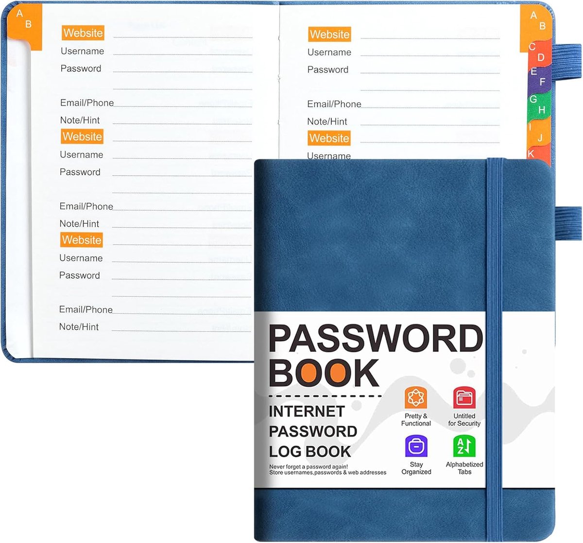 KAFENDA alfabetisch tabblad wachtwoordboek, website login adresboek, zakformaat 6.1"x4.9", PU lederen harde kaft - ShopVlot