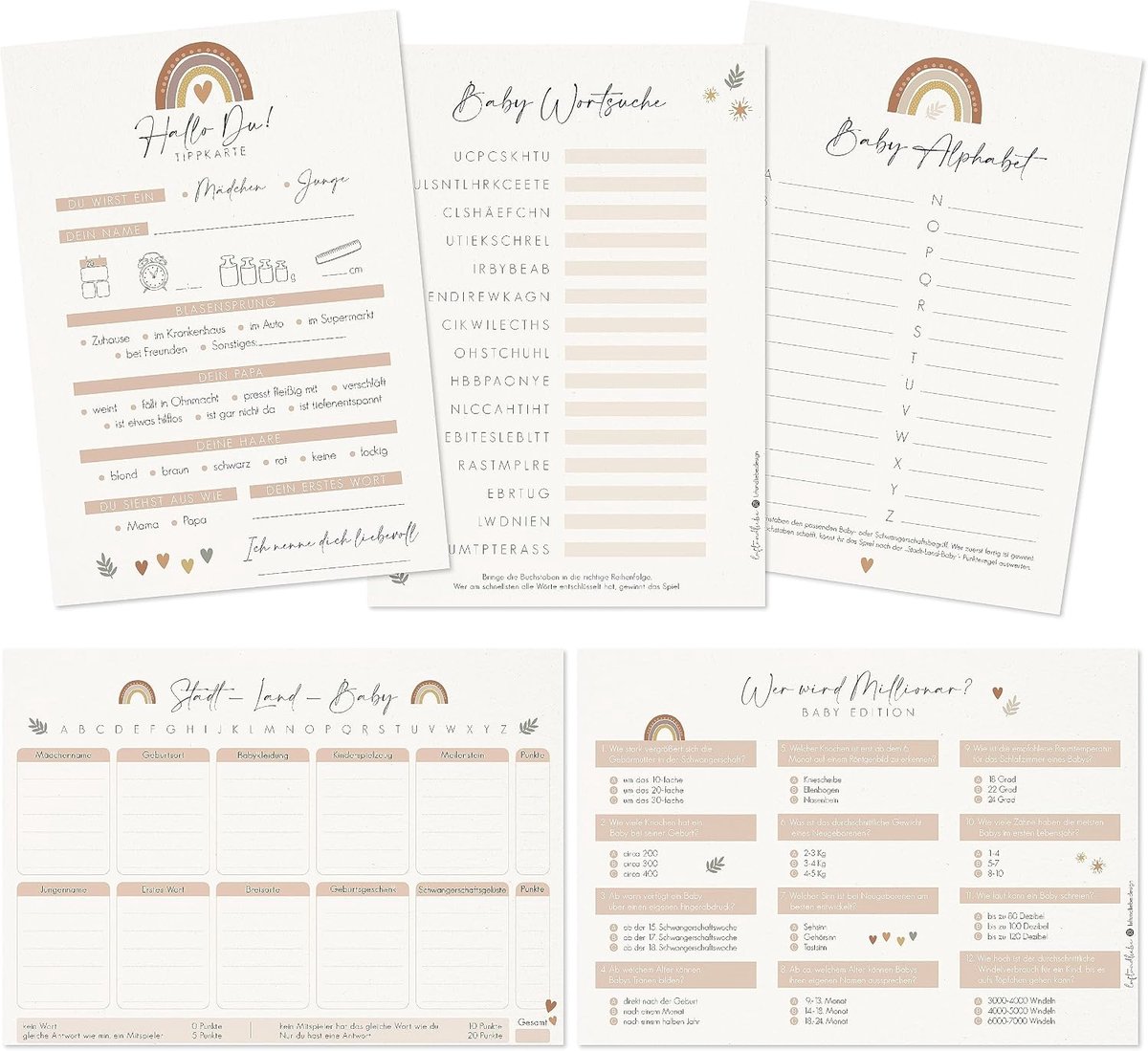 Luftundliebe Babyshower raadspel | 5 spelletjes van elk 12 kaarten om in te vullen DIN A6 | Stad Land Baby - Babyweddenschap - Gender Reveal Party raadspelletjes om in te vullen (regenboog)