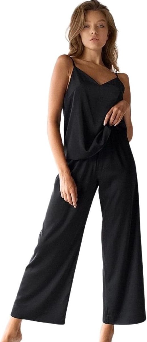 Laura in - Dameskledingset, 2-delig, eenkleurig, satijnen pyjama met bandjes en lange broeken (zwart, L), Zwart, L