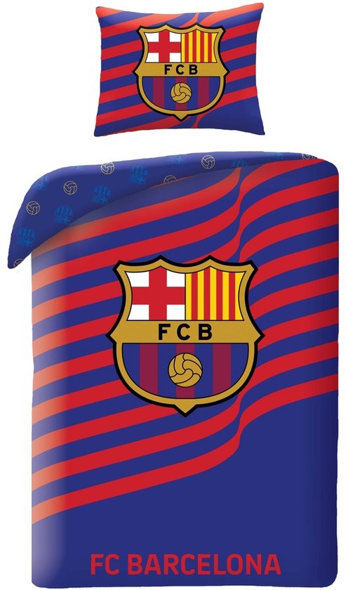 FC Barcelona dekbedovertrek met rode en blauwe strepen en het clubwapen. De tekst 'FC BARCELONA' staat onderaan.