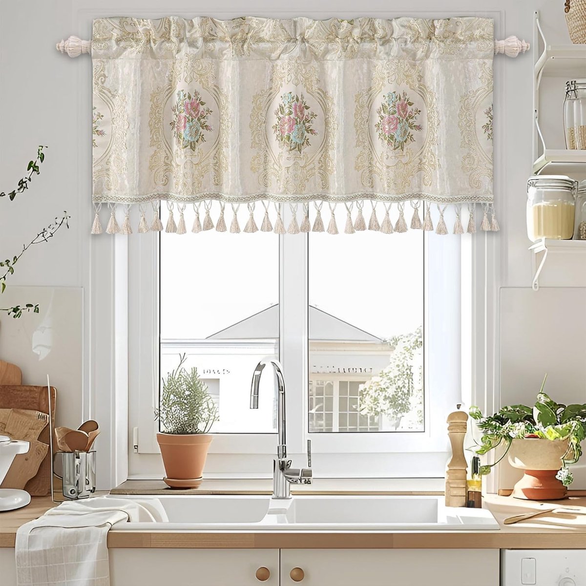 Gordijnvalance voor Ramen 137x46cm, Damast Kort Gordijn met Kwastjes voor Keuken Woonkamer Slaapkamer (Bloemenmotief)