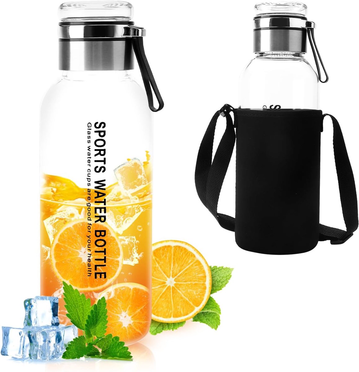 Fles, 1,5 liter, waterfles met beschermhoes, theefles met zeef, als beker te gebruiken
