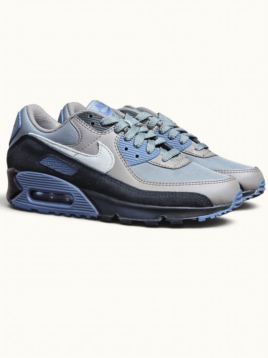 Grijze Nike Air Max 90 sneakers met blauwe en zwarte details, veters gestrikt.