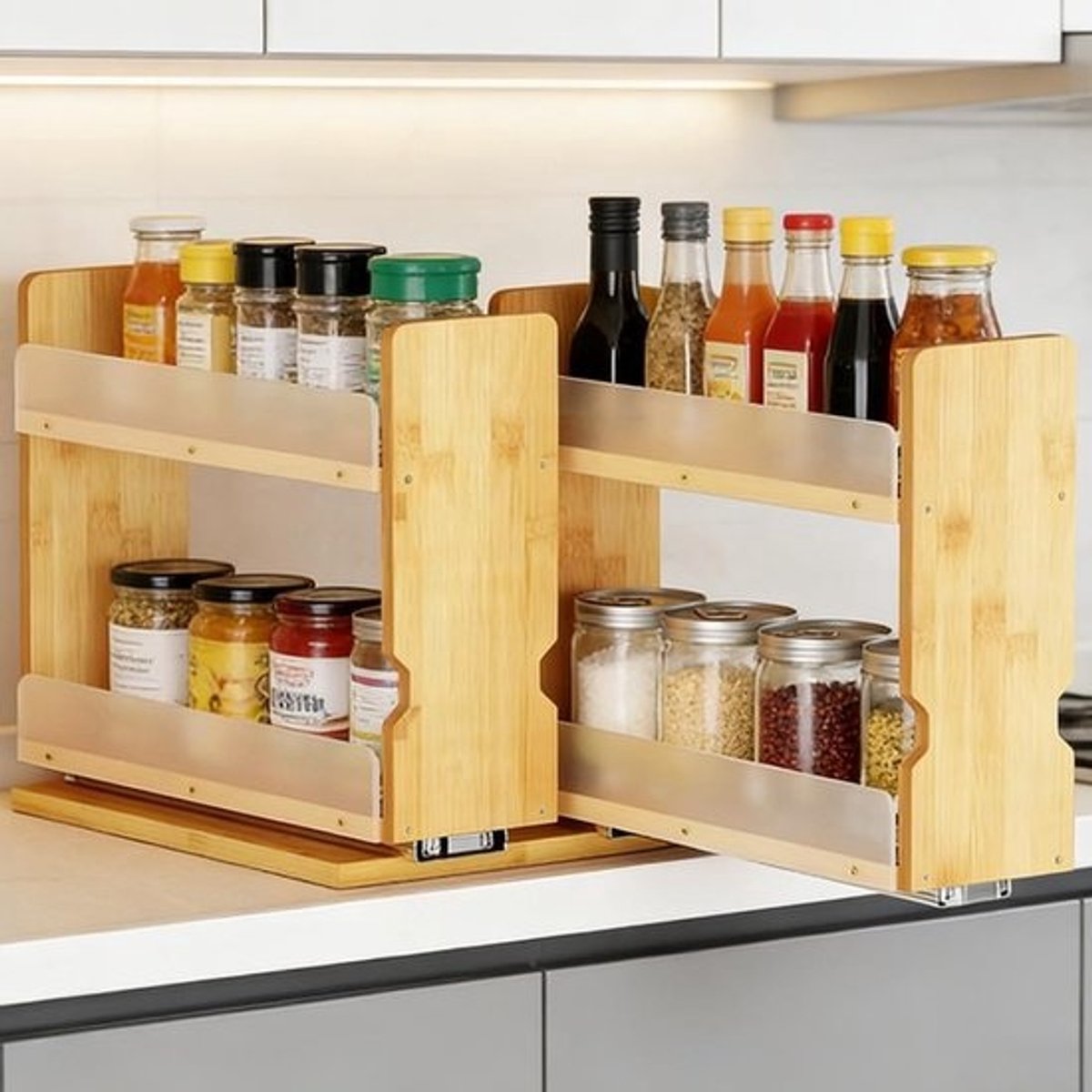 Uitbreidbaar kruidensysteem met 2 niveaus - Keukenorganiser voor flessen, olie en ingrediënten - T27 x B18 x H24