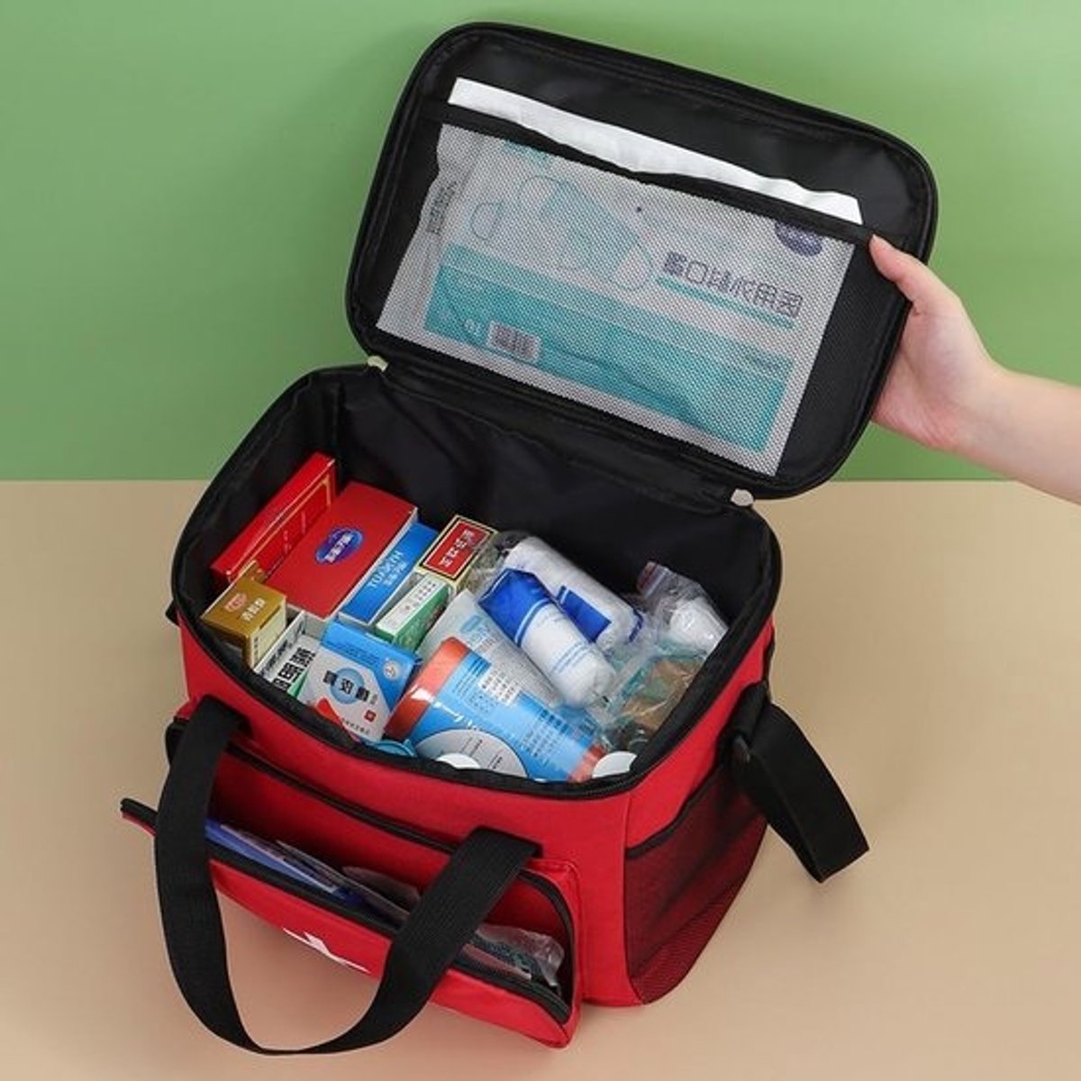 Grote medicijnentas - 14L - Waterdichte EHBO-tas met handvat en schouderband - Voor thuis, school en reizen - Voor kamperen en wandelen, rood, 30 x 23 x 20 cm