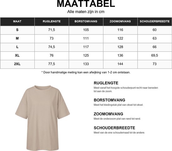 Maattabel in centimeters voor T-shirts, inclusief ruglengte, borstomvang, zoomomvang en schouderbreedte.