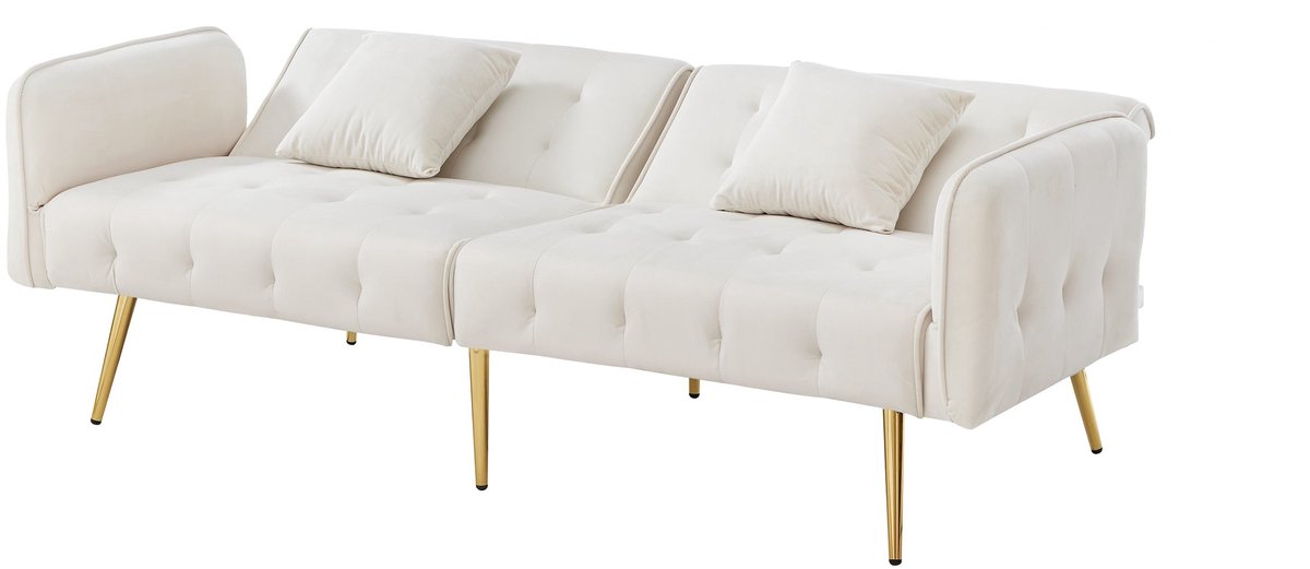 Merax 2-Zits Slaapbank Met Verstelbare Rugleuning En Armleuningen – Multifunctionele Slaapbank In Fluweel – 178 X 82 Cm – Oudwit