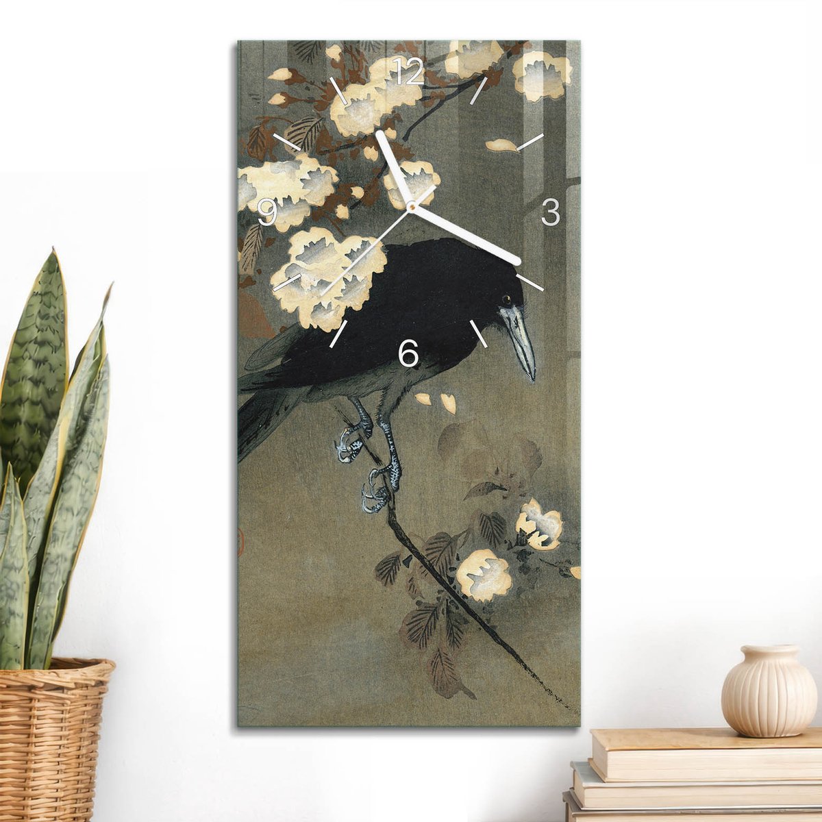 ArtPrintCave Bruin Glazen Klok - 30x60 cm - Rechthoekige Wandklok - Zwarte Vogel Unieke Klok - Dieren Stille Wandklok - Witte Klokwijzers