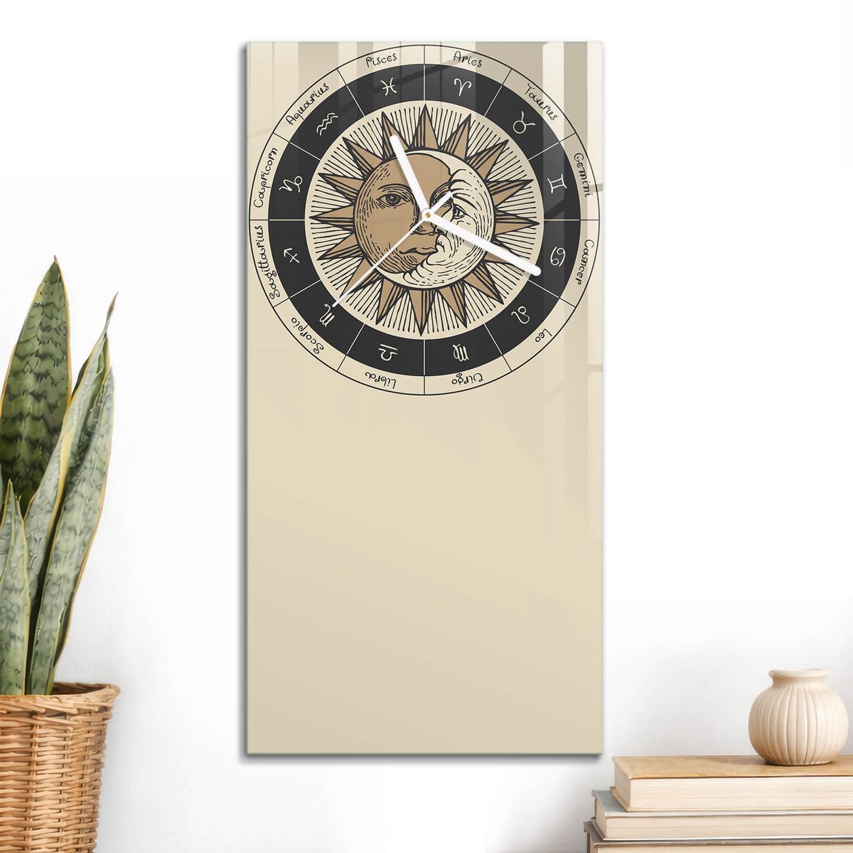 ArtPrintCave Zwart Glazen Klok - 30x60 cm - Rechthoekige Wandklok - Dierenriemwiel Wandklok Keuken - Abstractie Unieke Klok - Witte Klokwijzers