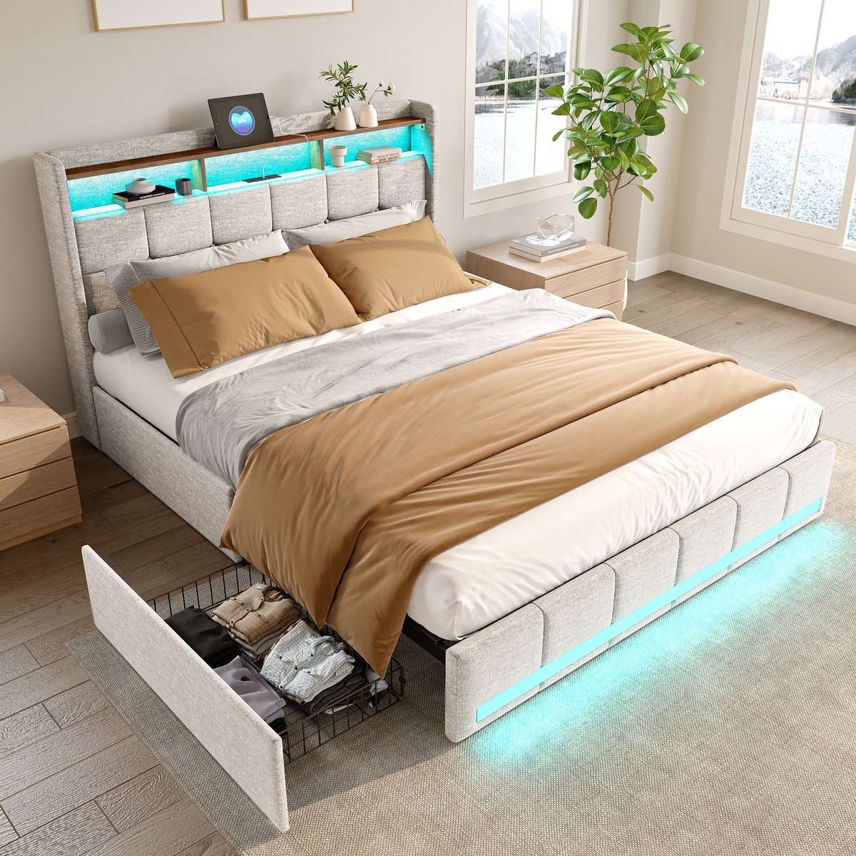 ROSAHQNDA Tweepersoonsbed 180x200 cm, gestoffeerd volwassen bed met LED-hoofdbord en 4 opberglades, modern design, linnen, beige, zonder matras