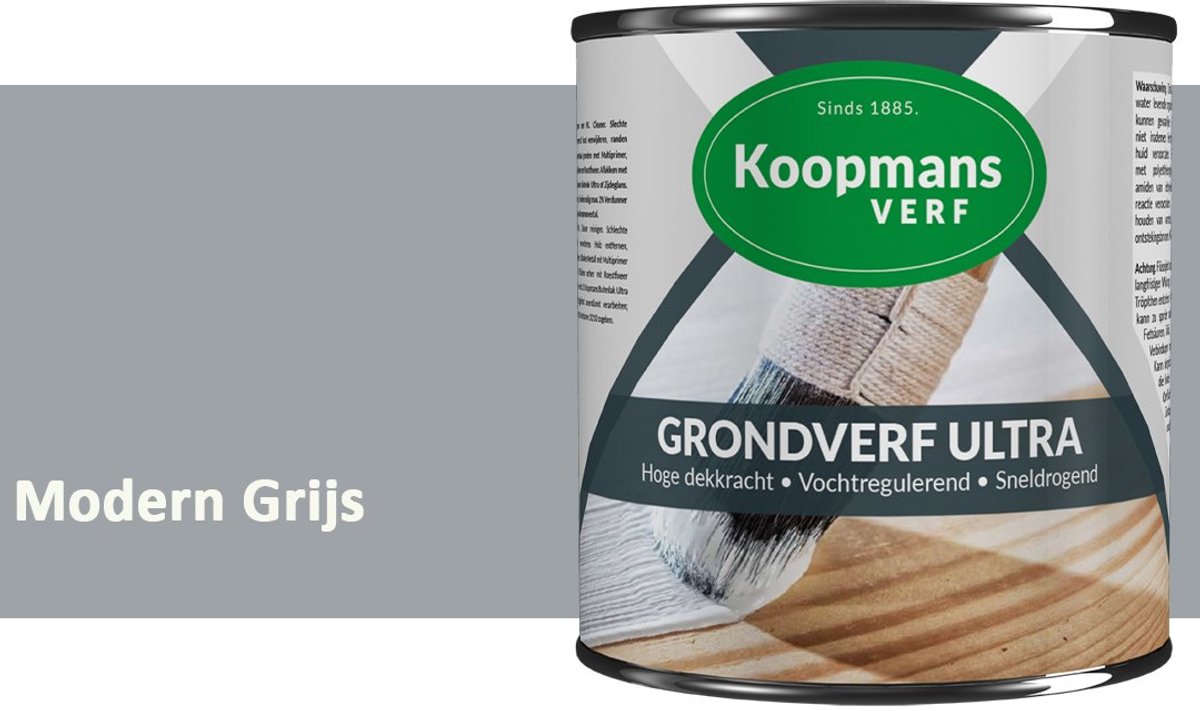 Koopmans Grondverf Ultra – Grondverf Hout & Metaal Binnen en Buiten – Vochtregulerende Primer – Hoge Dekking – Zijdeglans – Modern Grijs – 750 ml