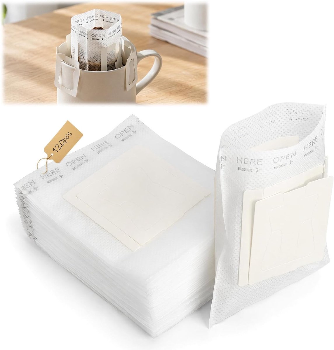 Coffee Bags, filterpapier met lussen, 7,5 x 9 cm, draagbaar, geschikt voor reizen, thuis en op kantoor, 100 stuks