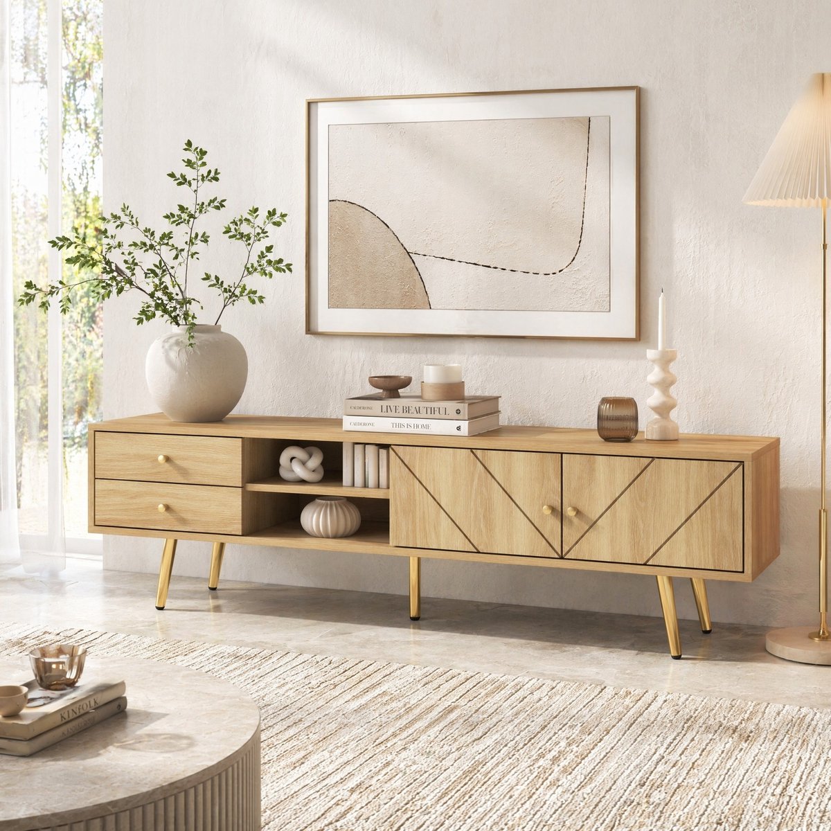 MEUNIQ TV-meubel 160 cm met 2 lades, 2 deuren en 2 open vakken – tv-kast met goudkleurige metalen poten voor woonkamer, naturel houtlook