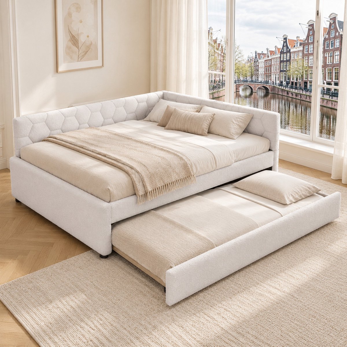 WUVRIE Slaapbank 140x200 cm met uitschuifbed, lattenbodem, bedlamp en USB/Type-C, wit, zonder matras
