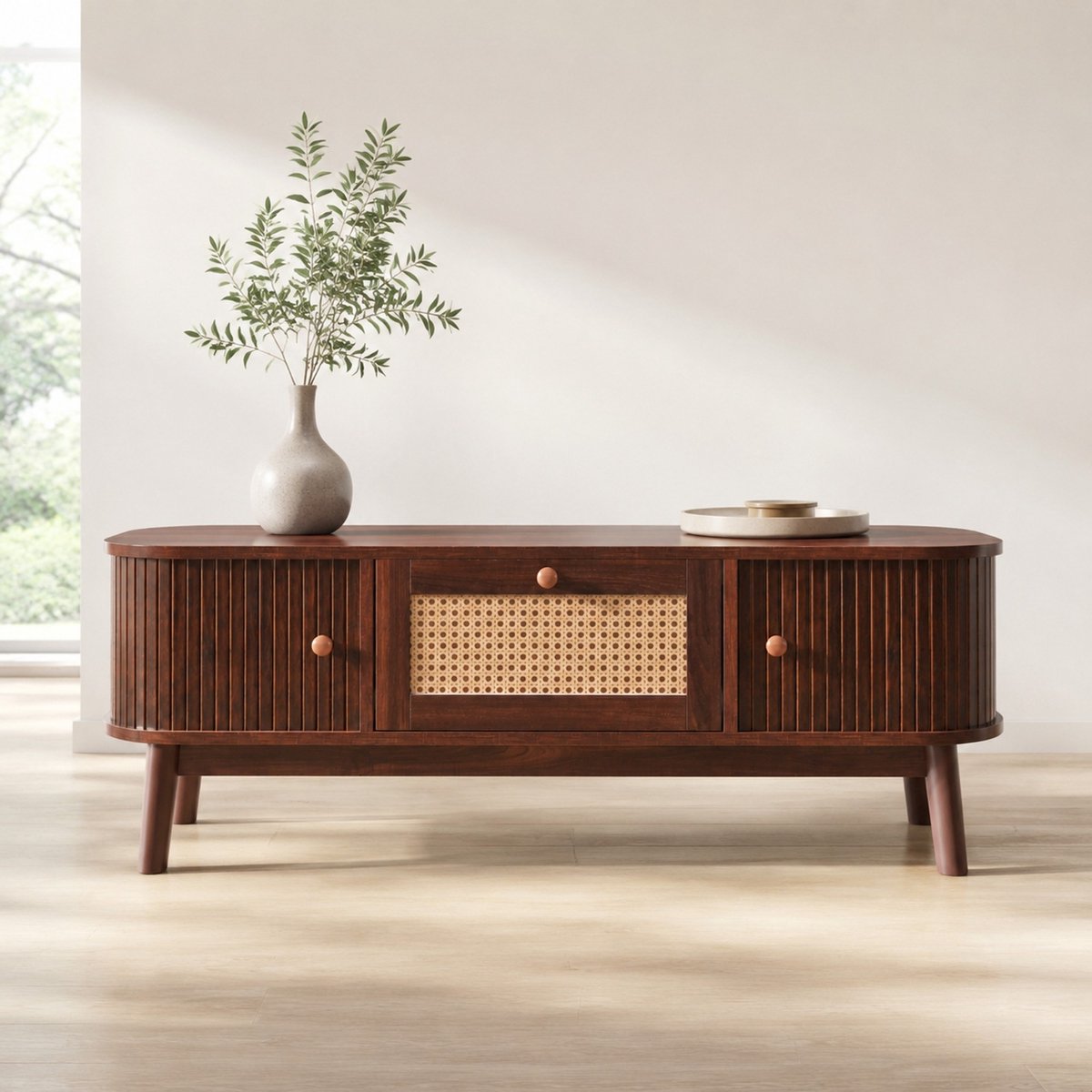 MEUNIQ Salontafel 110 x 55 x 38,5 cm met rotandetails, laden en schuifdeuren, opbergruimte en houten poten voor de woonkamer, naturel