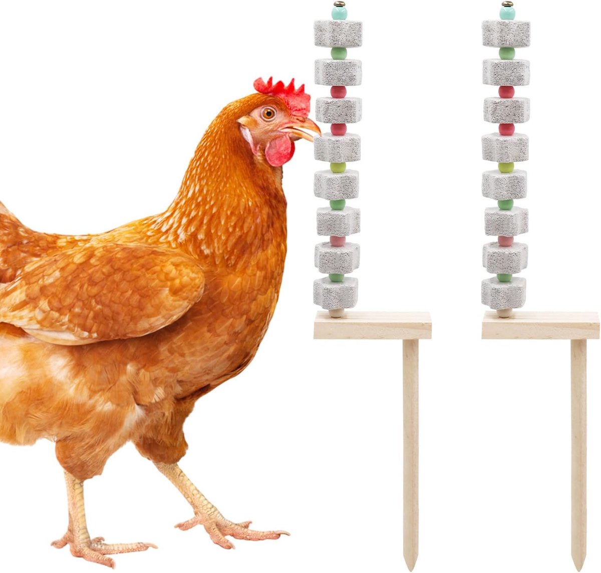 2-delig kipkauwspeeltje, kippenbek slijpend calciumsteen met houten paal, kippenkooi accessoires, kooi speelgoed voor valkparkieten, parkieten, papegaaien, ratten, hamsters, konijnen