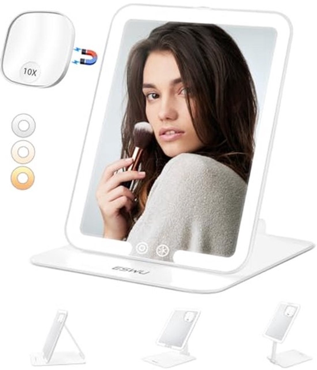 Draagbare opvouwbare make-up spiegel met licht en 10x vergroting