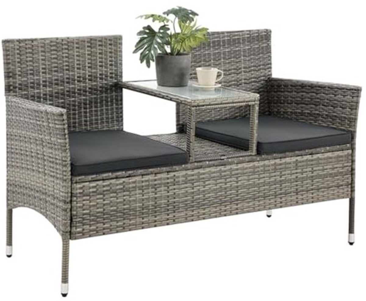 Tuinbank 2-zits met Tafel en Kussens - Weerbestendig en Ruimtebesparend - Grijs Gemêleerd