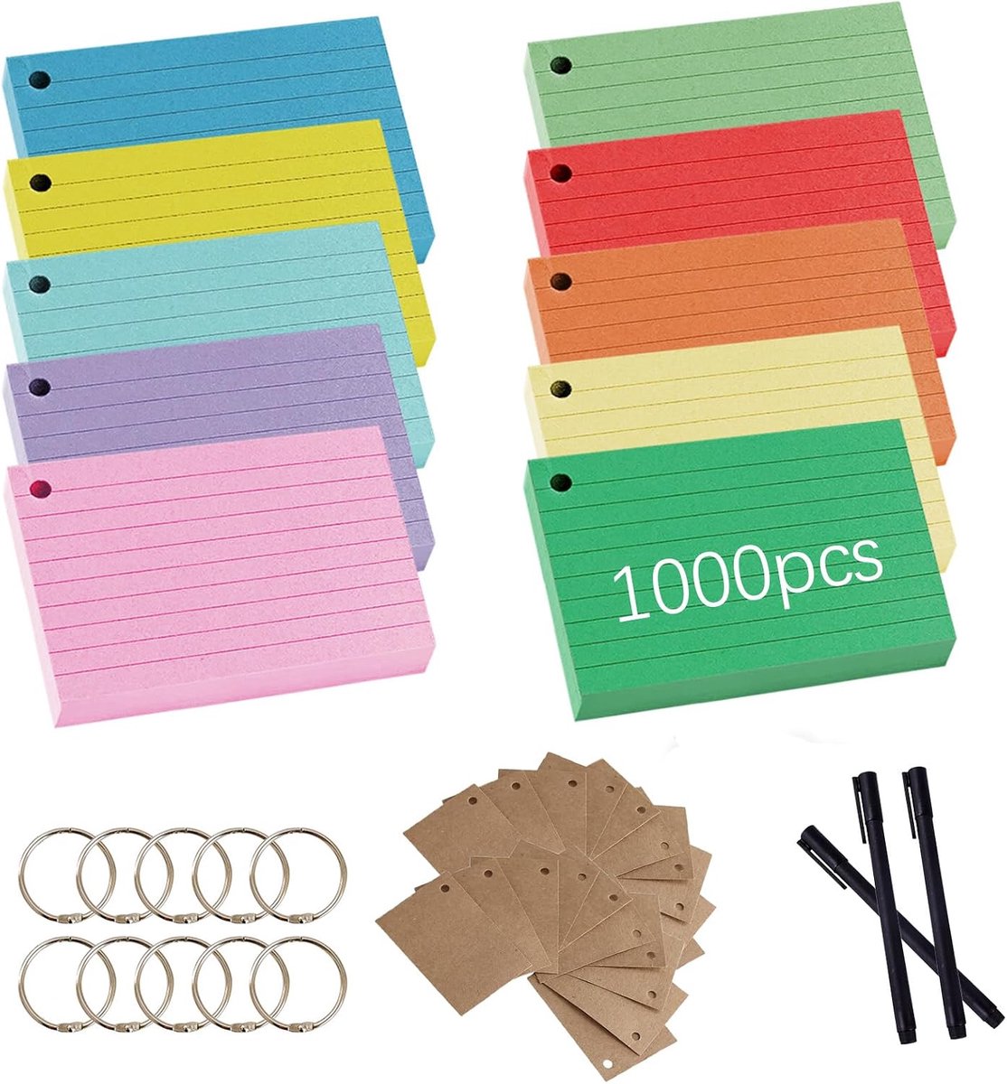 1000 stuks flashcards A8, kleurrijke gelinieerde kaarten met pen, flashcards voor het leren op kantoor op school (10 kleuren)