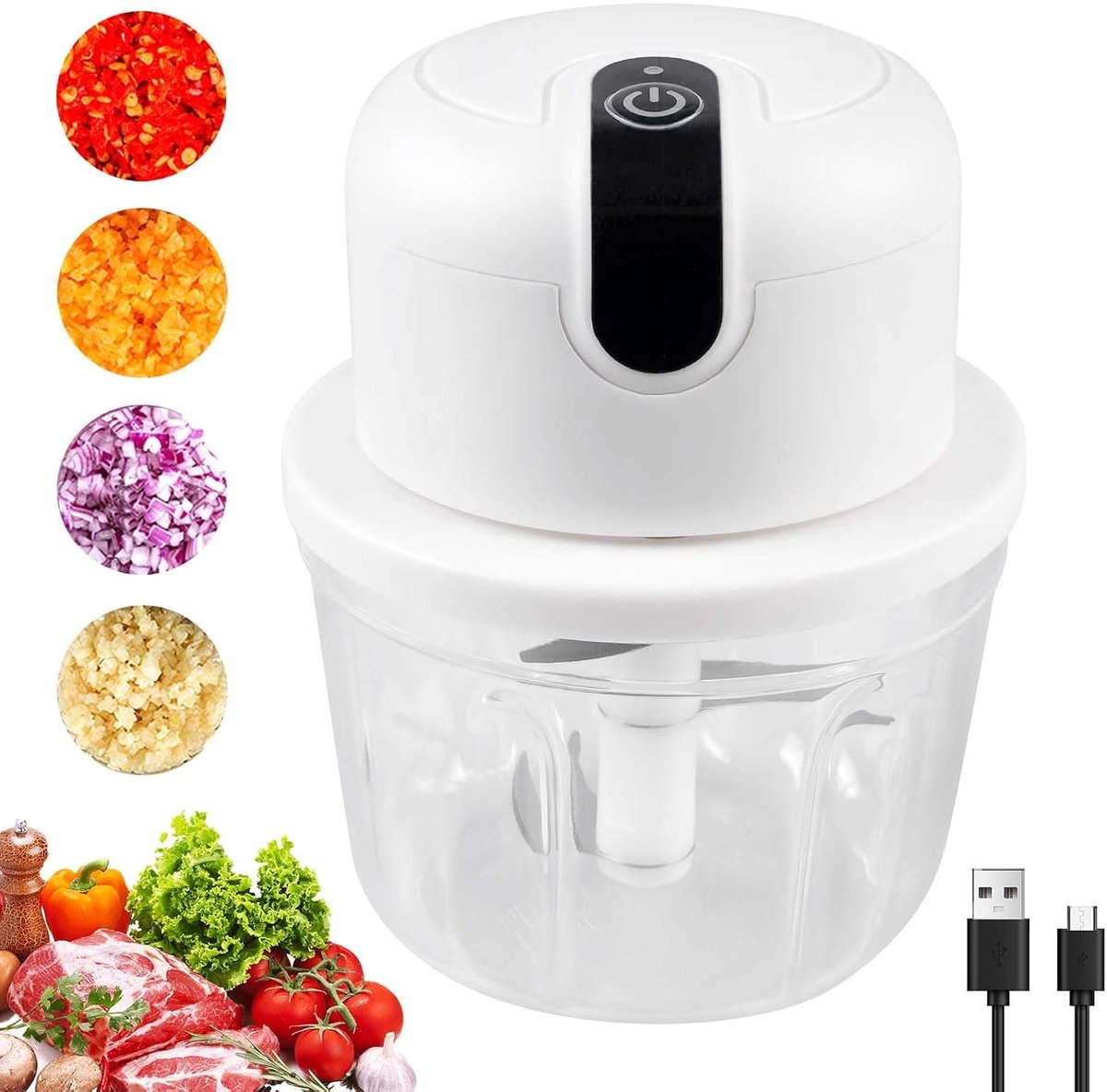 Keukenhakselaar, 300 ml uiensnijder, USB-uiensnijder, elektrische multihakmolen met glazen container, multihakmolen voor uien, vlees en knoflook
