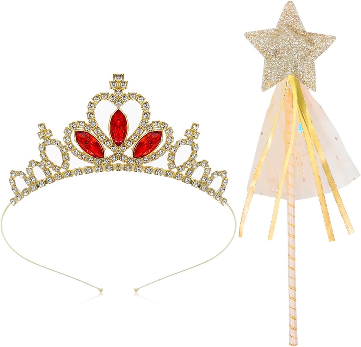 Tiara en Wand Set, Kids Crystal Crown Fee Wand Prinses Dress up Haar Sieraden Meisjes Haar Accessoires Verjaardag Tiara Gift voor Meisjes 3-12 Jaar (Gouden)