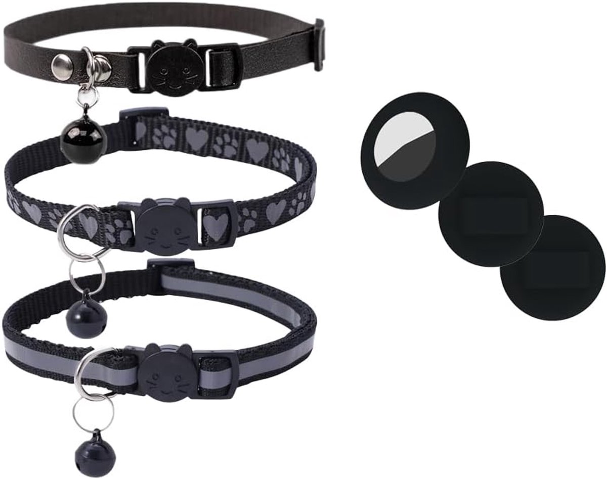 Kattenhalsband, 3 stuks verstelbare reflecterende afgescheiden kattenhalsbanden met Apple Air Tag-houder, 0,4 inch brede lichtgewicht kittenhalsbanden met bel voor katten (poot, leer