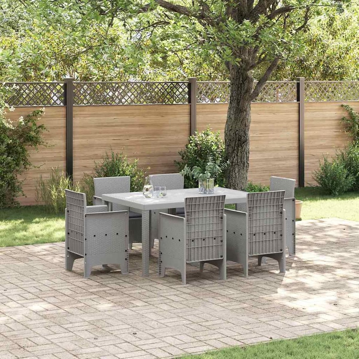 7-delige tuin-eetkamerset met kussen, lichtgrijs polyrotan, tuinmeubelset, tafelstoelen voor balkonmeubels, outdoor eetkamer en café, 3378570