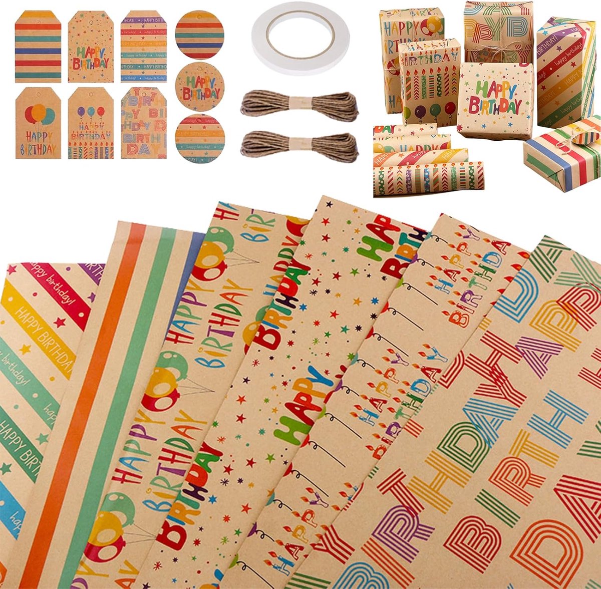 Cadeaupapier, 6 rollen, cadeaupapier, verjaardag, cadeaupapier, rol kraftpapier, rol, met etiket en koord, 70 x 50 cm, voor dames, meisjes, baby, heren, jongens, kinderen