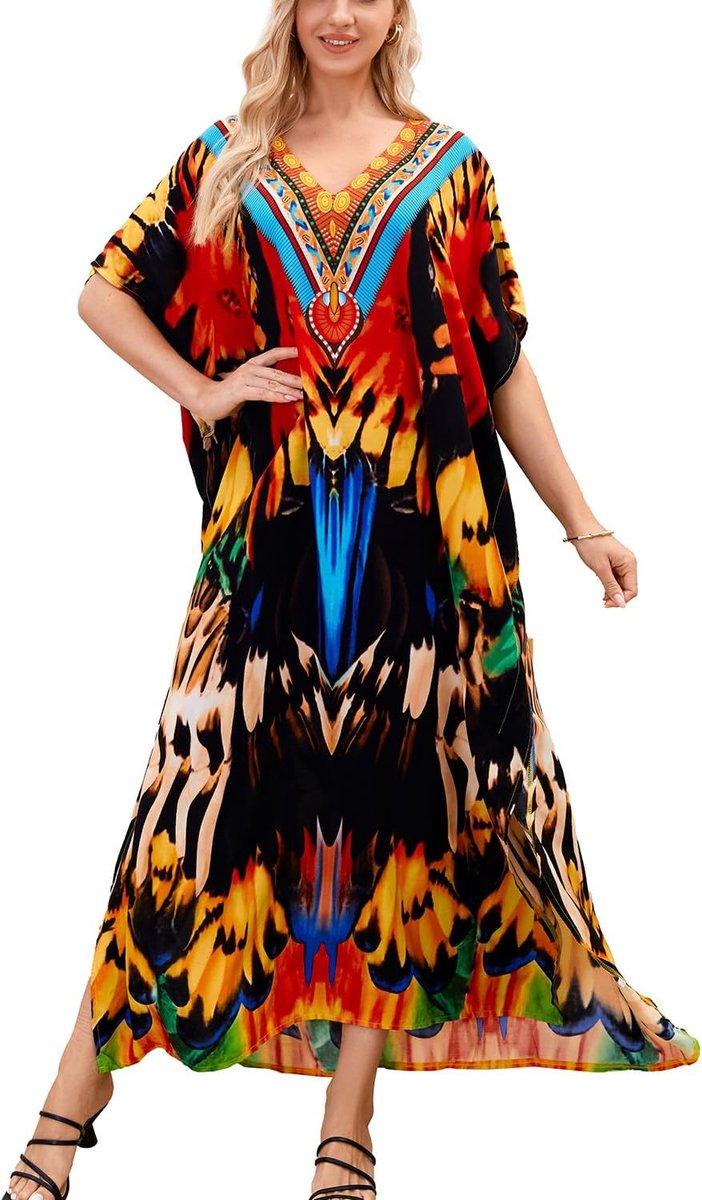 Bloemen Losse Kaftan Boho Strand Bikini Cover Up Jurk Plus Size Robe voor Vrouwen