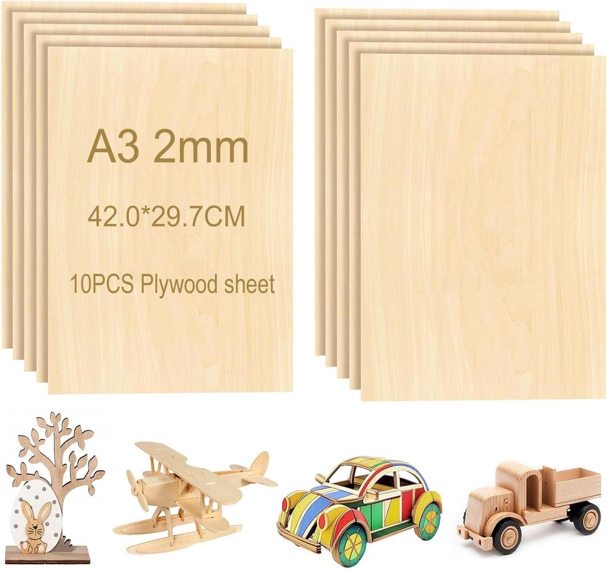10 stuks baswood-multiplex, 2 mm, A3, knutselwerk, multiplex, houten platen voor knutselwerk, 420 x 300 x 2 mm, voor modelbouw, decoraties, schilderen