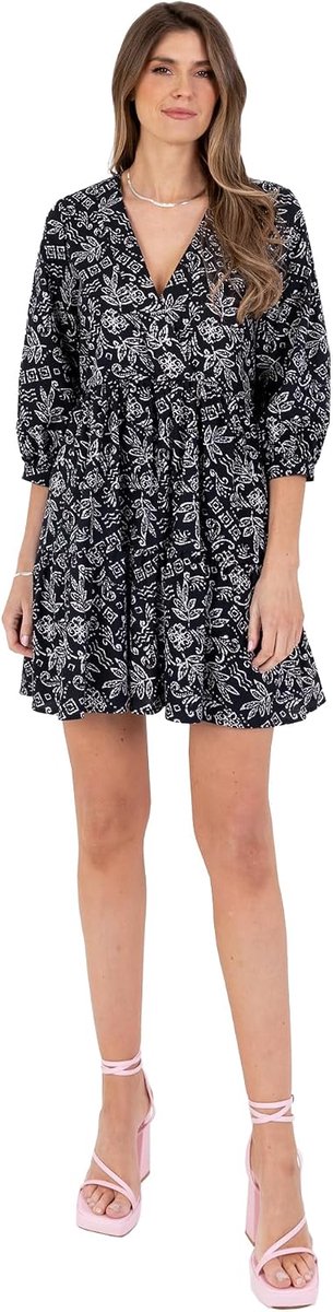 Dames Dames Knielengte Jurk Lange Pofmouw V-hals Wrap Front Smock Shift Abstracte Bladprint Katoen Casual Zwart 26, Zwart, 52