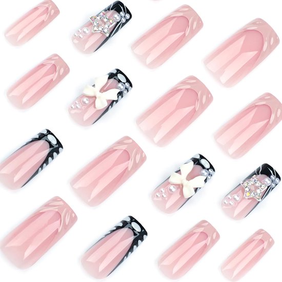 24 stuks 3D handgemaakte kunstnagels om op te plakken, roze French Press on nagels, lange vierkante acrylnagels, volledige cover kunstnagels met strik, parelhart, glanzende kunstnagels voor vrouwen en — afbeelding 2