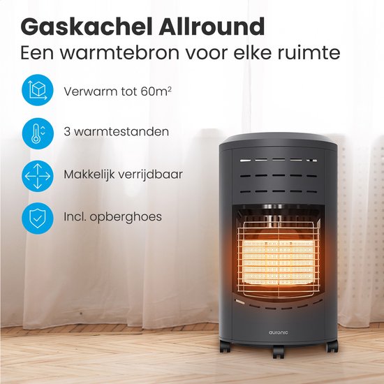 Zwarte gaskachel van Auronic met gloeiende warmte-elementen, naast tekst over verwarmingscapaciteit en functionaliteit.