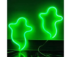 2 stuks Ghost Halloween LED Neon Signs Horror Decoratieve Nachtlamp Batterij Aangedreven Draadloze Gothic Lights Halloween Indoor Enge Decoraties voor Slaapkamer Slaapzaal Muur Venster Kerstfeest