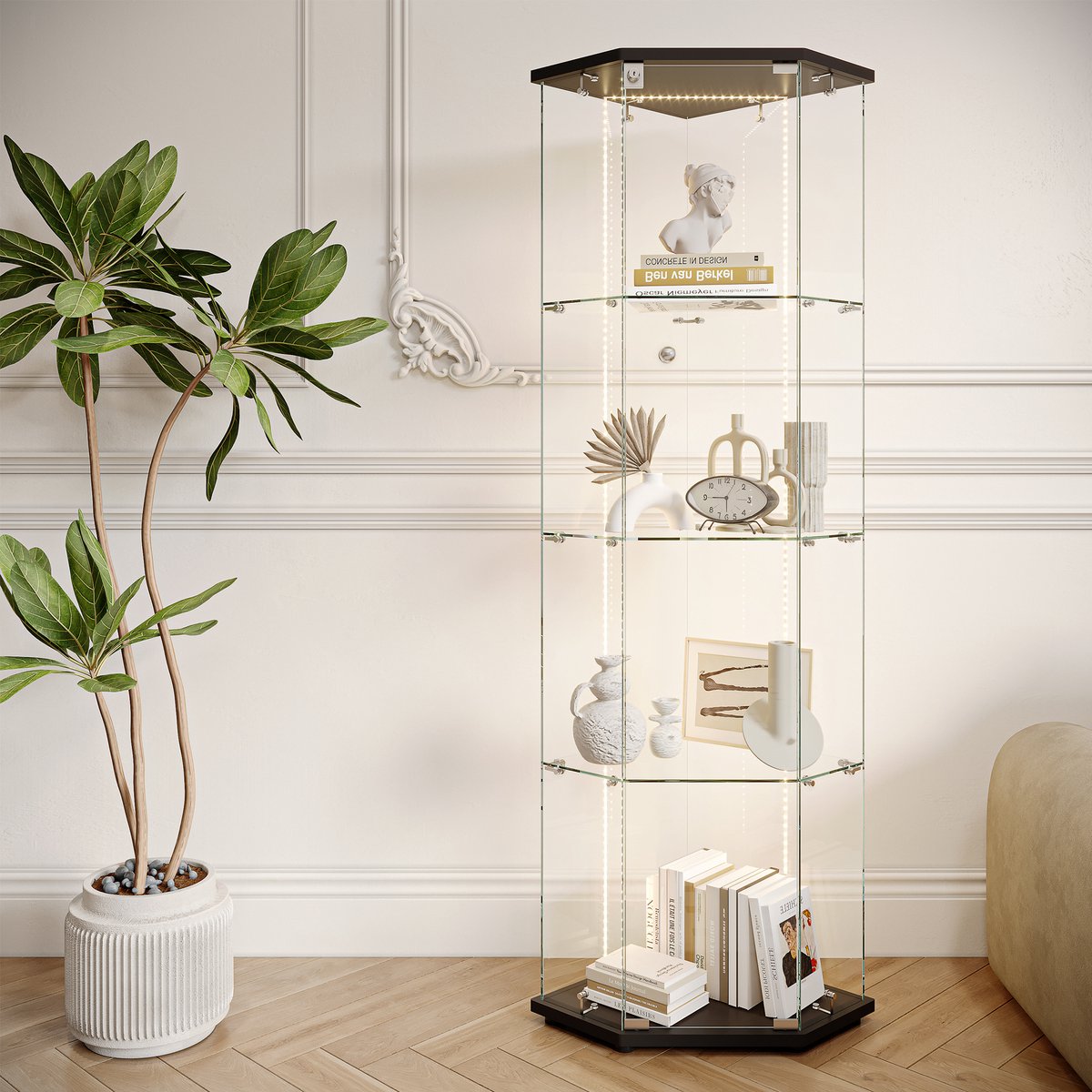 Vijfhoekige Glazen Vitrinekast met LED verlichting, Moderne Showcase met 4 ESG-glasplanken, Frameloze Staande Vitrine voor Woonkamer en Bar, 162 x 60 x 40 cm, Zwart, LED-strip