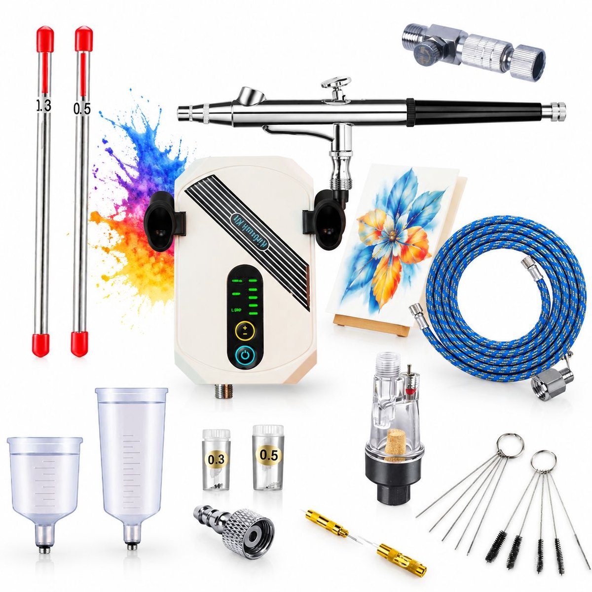 VHV - Airbrush compressor set - Voorzien van sproeiers van 0,2 mm en 0,5 mm - Multifunctioneel draagbaar airbrush gereedschap
