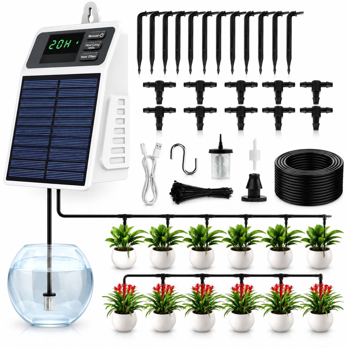 VHV - Irrigatiesysteem op Zonne-energie – Automatisch Druppelbewateringssysteem – Slim, Waterbesparend Watergeefsysteem voor Binnen- en Buitenplanten met 10 Druppelaars en 10M Slang
