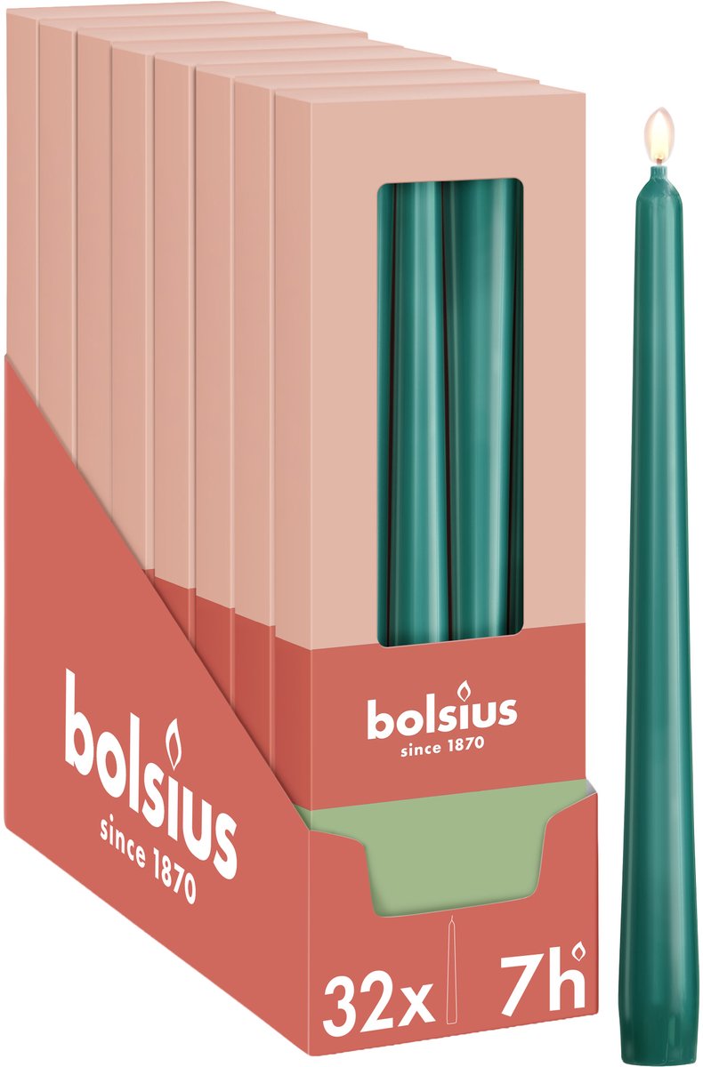 Bolsius Glanzende dinerkaarsen - 32 stuks - Groen - 24,5 cm - 7 branduren Glanzend groen