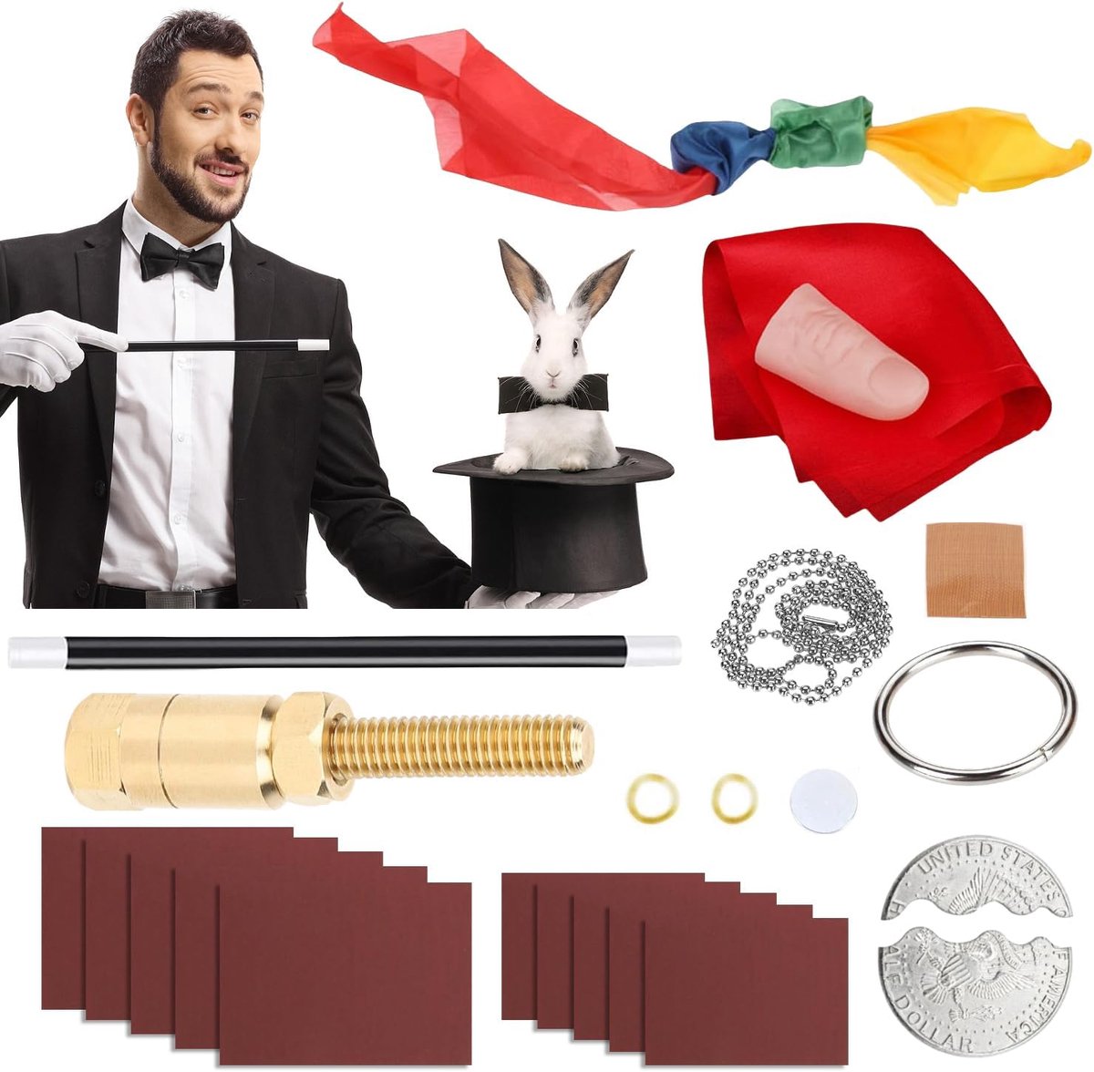 16-delige toverdoos, professioneel, met toverstaf, papier voor het maken van rook, tovervingers enz., 7 soorten tovertrucs, interactief speelgoed voor Kerstmis en familiefeesten, creatief