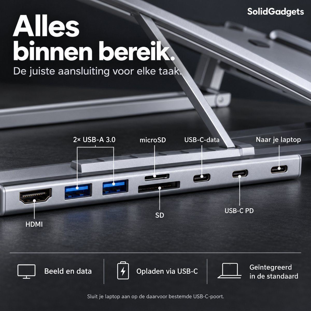 SolidGadgets 2-in-1 Laptopstandaard & USB-C Docking Station 8 in1 - HDMI 4K - Aluminium - Ergonomisch Laptopstandaard thumbnail 2