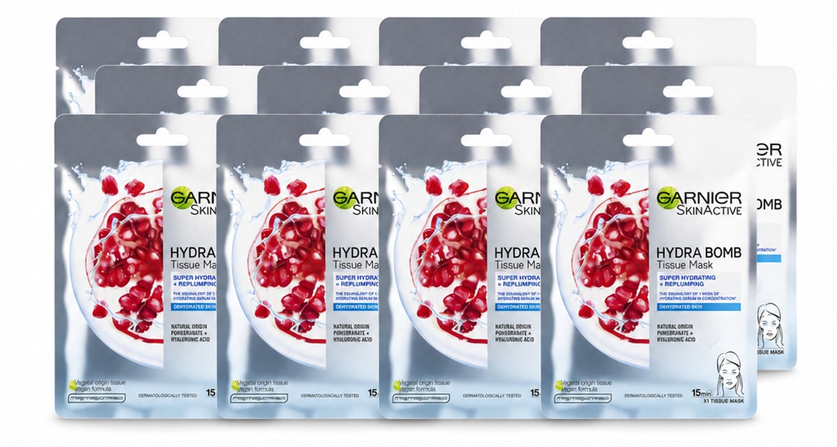 12 x Garnier - SkinActive - Hydra Bomb Sheet Mask - Granaatappel - Gezichtsmasker - 1 Gezichtsreinigingsmiddel - Voordeelverpakking - 12 stuks