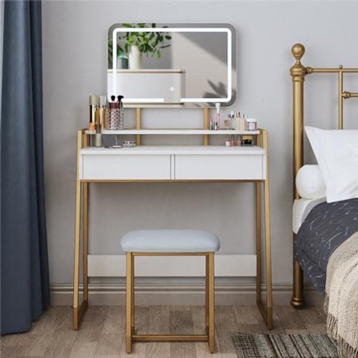 Kaptafel met Spiegel en Kruk – Make-uptafel met LED-verlichting en Opbergladen voor de Slaapkamer in Wit en Goud