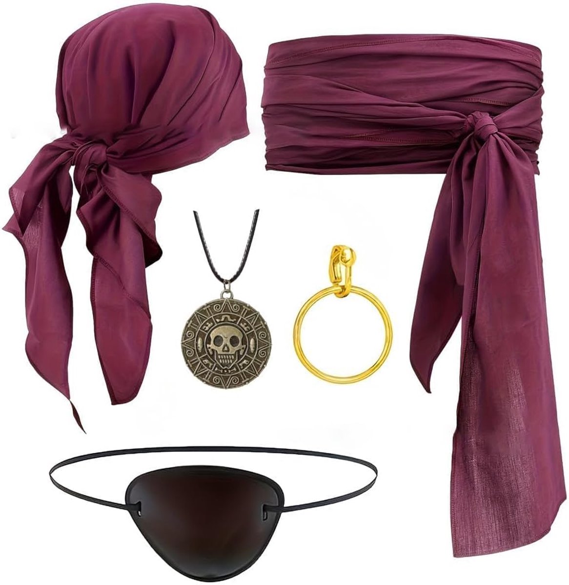 4-delige piratenkostuumset, accessoires, bandana, halsdoek, piratenoog, halsband en riem voor feest, cosplay, carnaval
