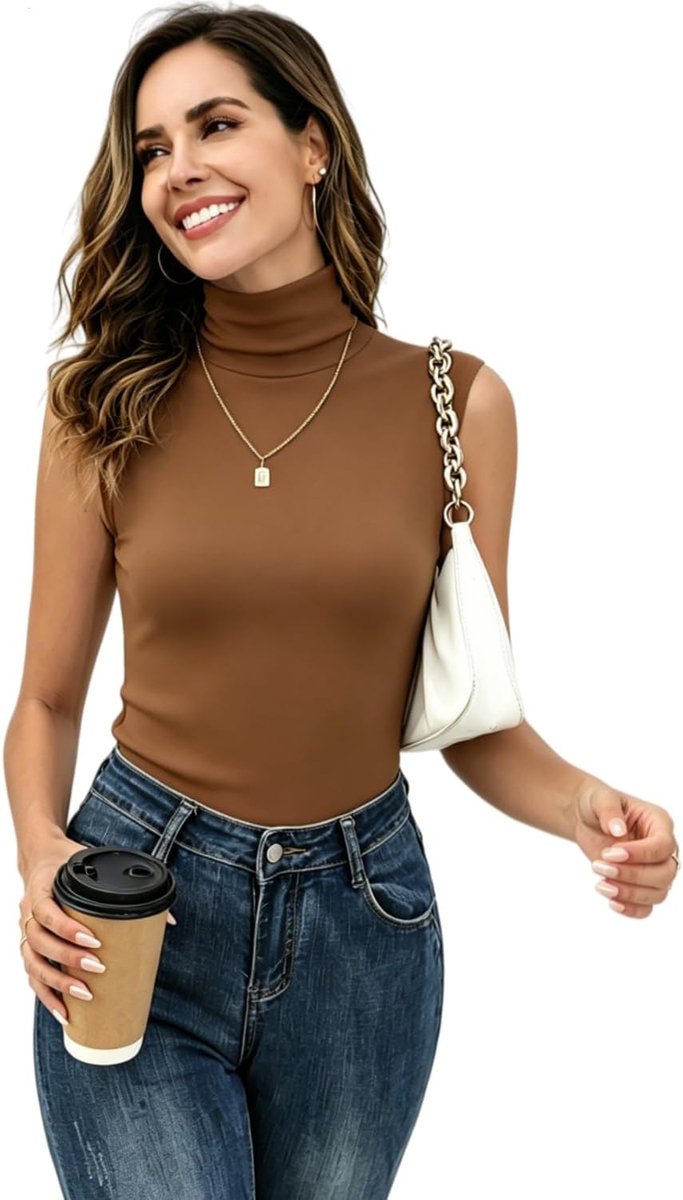 Top voor dames, elegant rolkraagshirt zonder mouwen, dun, licht, rekbaar, basic jersey vest, slim fit